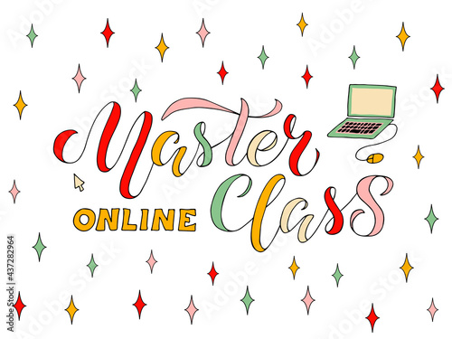 Vector illustration of master class lettering for banner, flyer, poster, event promotion, advertisement design. Handwritten text for template, billboard, print for advertising educational activity
