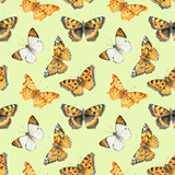 Watercolor hand drawn seamless pattern with butterflies on yellow background.