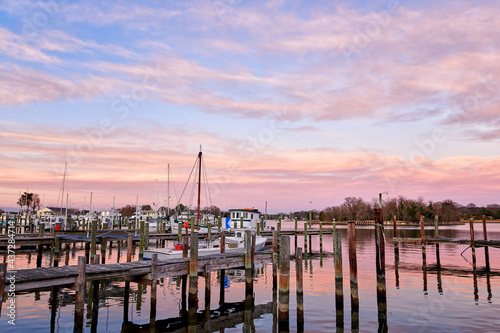 A cotton candy sky and docks