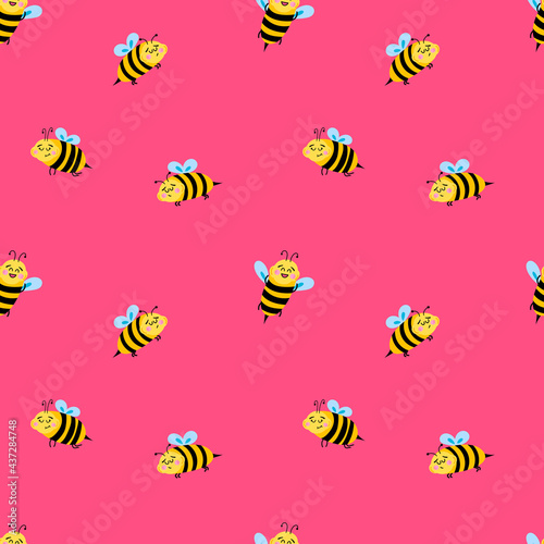Vector seamless pattern with cute cartoon bees on a pink background. Children's illustration for postcards, pajamas, fabrics