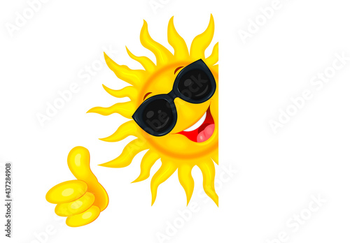 Sun with glasses and everything is fine.Cheerful cartoon sun in goggles from the sun. Sun on a white background. Smiling sun and a hand with a raised thumb up. All right 