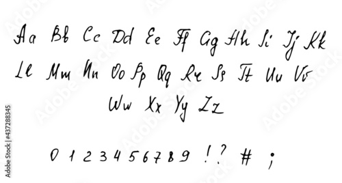 Hand-drawn English alphabet and numbers.