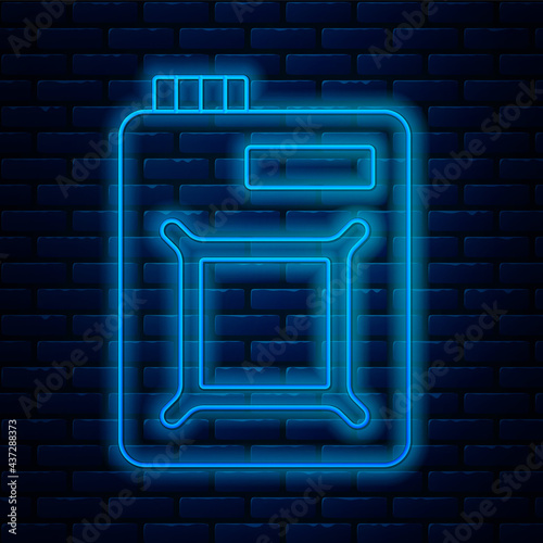 Glowing neon line Canister for motor machine oil icon isolated on brick wall background. Oil gallon. Oil change service and repair. Engine oil sign. Vector