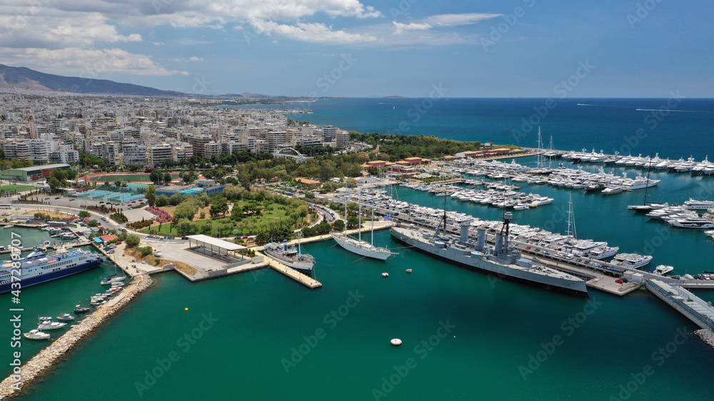 Aerial drone photo of luxury yachts and sail boats anchored in famous port and marina of Faliro or Phaleron in South Athens riviera, Attica, Greece