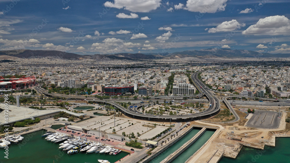 Aerial drone photo of urban junction interchange motorway leading to Faliron area, Athens Riviera, Attica, Greece