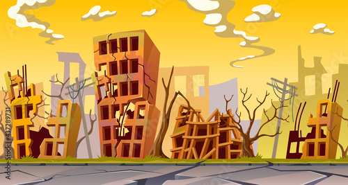 Destroyed buildings after earthquake, storm, tornado, natural disaster. Derelict broken houses after war. Cartoon game landscape.