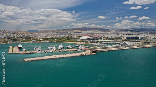 Aerial drone photo of luxury yachts in famous Athens Marina on a beautiful spring morning, Piraeus, Attica, Greece