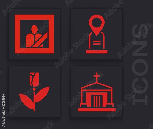 Set Old crypt, Mourning photo frame, Location grave and Flower rose icon. Vector