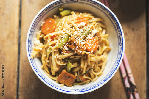 Pad thai tofu, pasta with tofu and vegetables, nuts