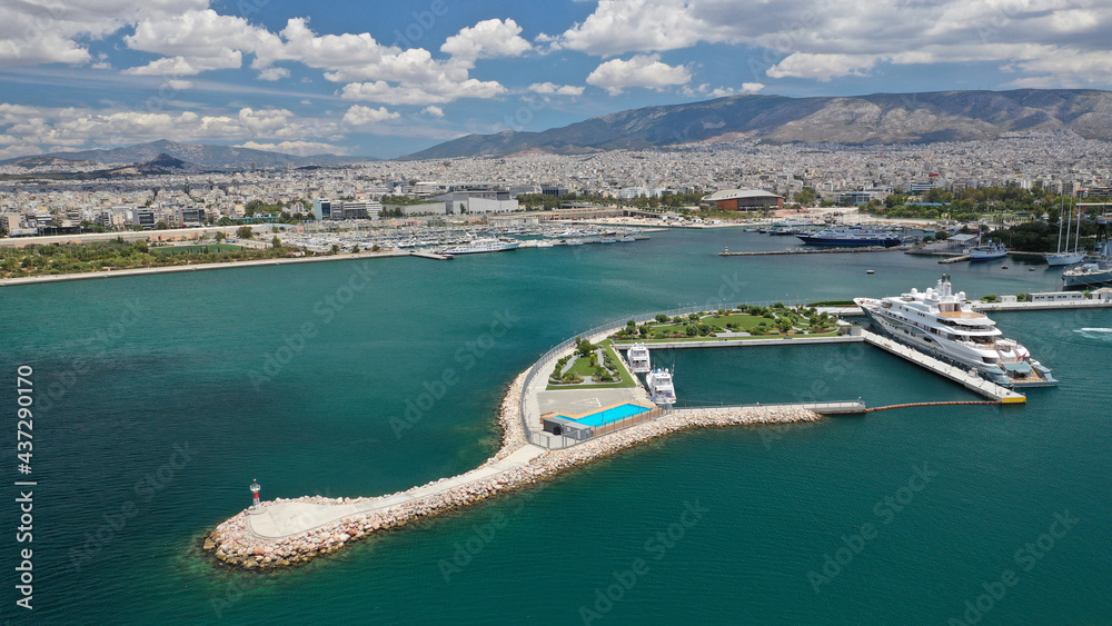 Aerial drone photo of luxury yachts and sail boats anchored in famous port and marina of Faliro or Phaleron in South Athens riviera, Attica, Greece