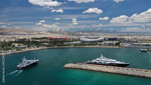 Aerial drone photo of luxury yachts in famous Athens Marina on a beautiful spring morning, Piraeus, Attica, Greece