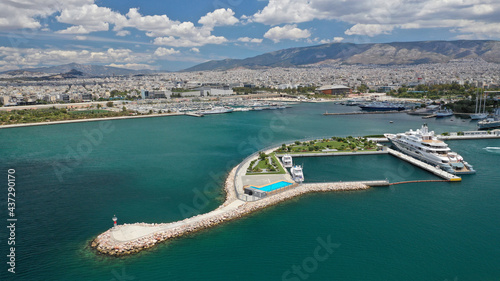 Aerial drone photo of luxury yachts and sail boats anchored in famous port and marina of Faliro or Phaleron in South Athens riviera, Attica, Greece photo