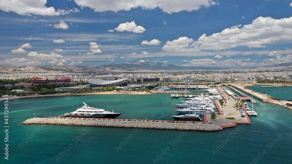 Aerial drone photo of luxury yachts in famous Athens Marina on a beautiful spring morning, Piraeus, Attica, Greece