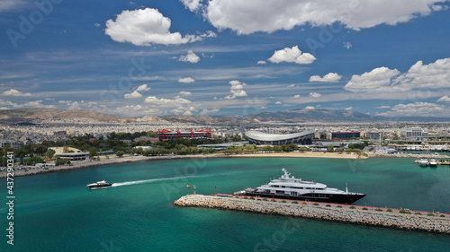 Aerial drone photo of luxury yachts in famous Athens Marina on a beautiful spring morning, Piraeus, Attica, Greece