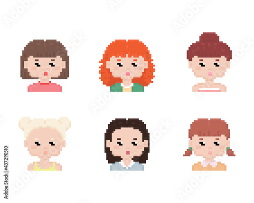 Pixel art cute girl avatar portrait female characters set. Pixel retro design for game, web, sticker, logo. Vector illustration set of girl faces in simple modern 8 bit pixel art style.  © Takoyaki Shop