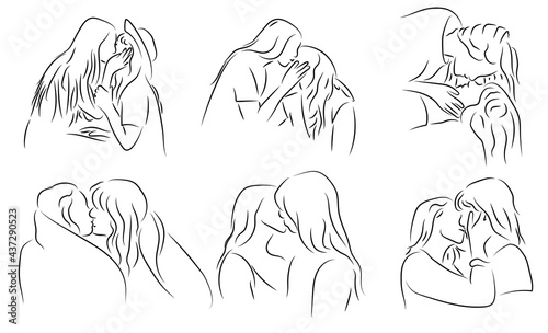Lesben Küsse Liebespaar Lesbian Kisses Couple LGBTQ Bi Kontur Zeichnungen Vektor Grafik Lineart