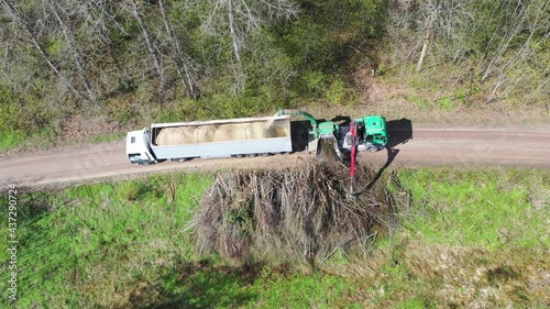 Aerial shot of wood chipper blowing shredded wood into back of a truck. Forest background photo
