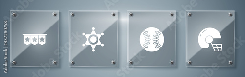 Set American football helmet, Baseball, Hexagram sheriff and Carnival garland with flags. Square glass panels. Vector