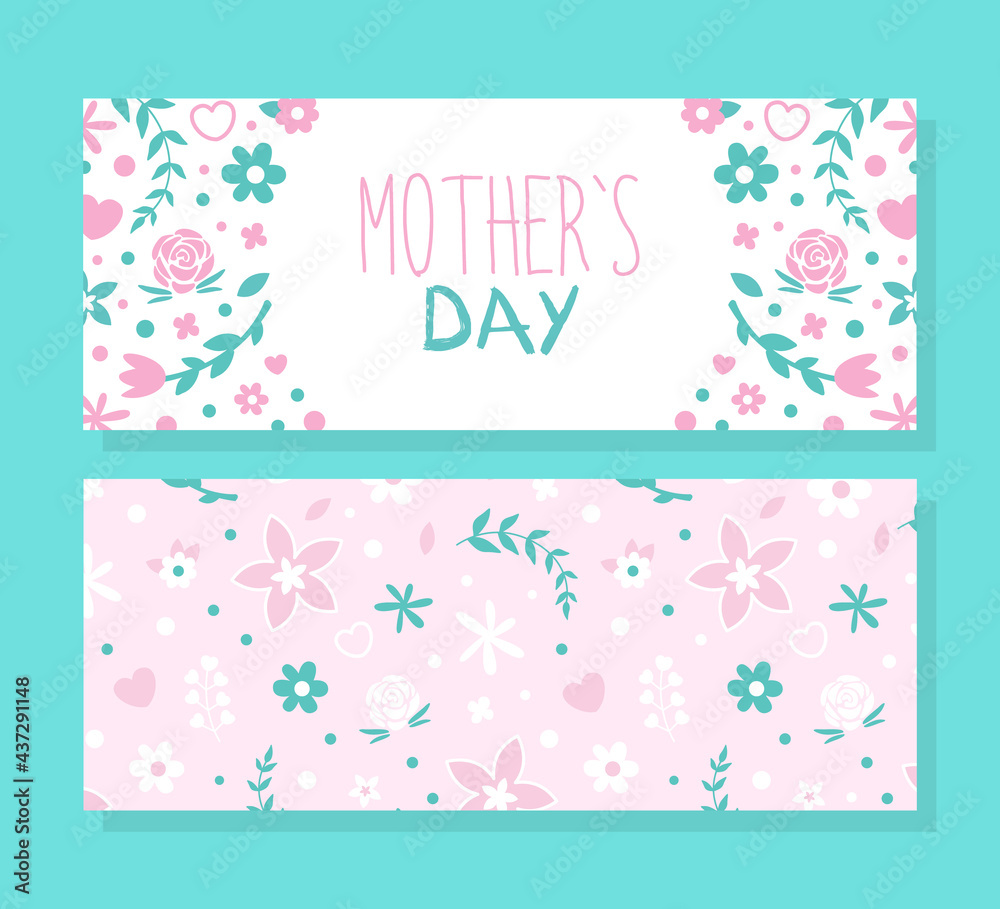 Mothers Day Horizontal Banner Template, Festive Poster, Card, Flyer Design with Spring Flowers Vector Illustration