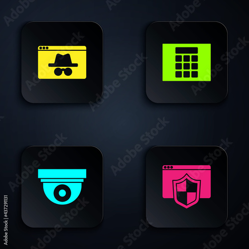 Set Browser with shield, incognito window, Security camera and Password protection. Black square button. Vector