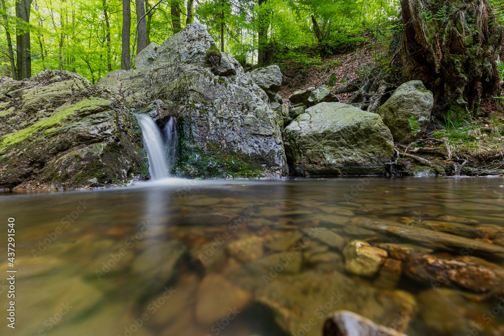 Fototapeta premium Statte river in the Belgium Ardennes is a small river full of cascades, like the Cascade de Nutons in the Liege Province. A perfect area of activities