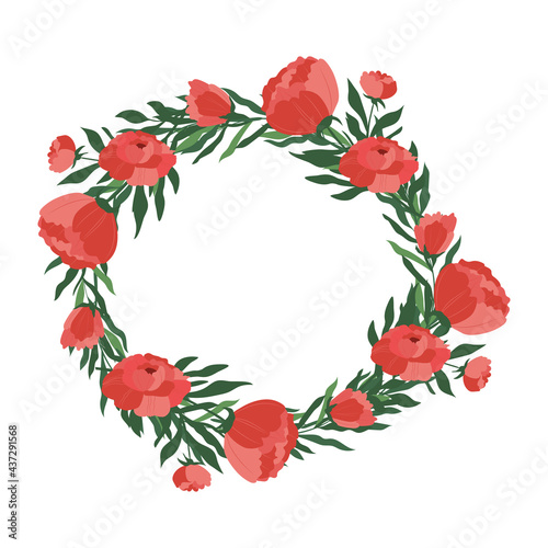 Flower arrangement, wreath frame. A bouquet of peonies. Logo element, element for the design of cards, invitations, business cards. Vector color illustration.