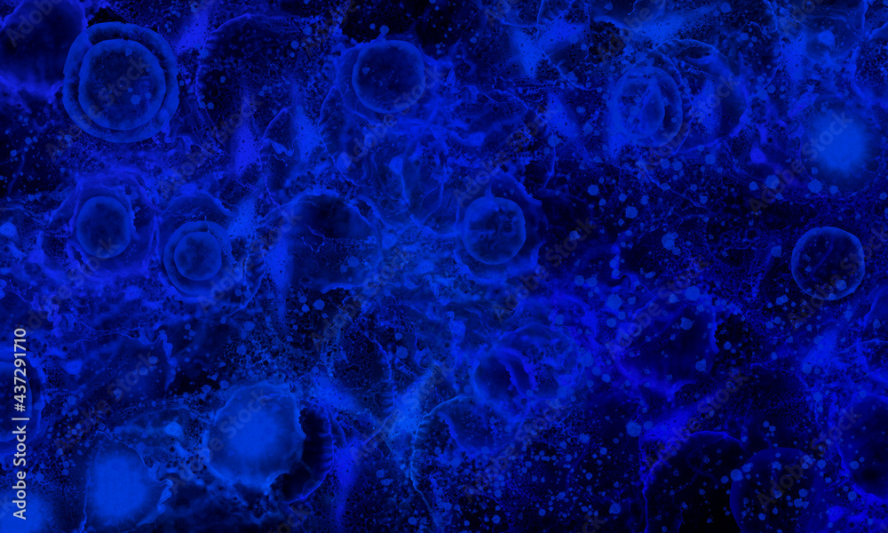 Obraz premium Blue microscopy universe banner with space effect. Alcohol ink abstract background. X-ray alcohol ink. 