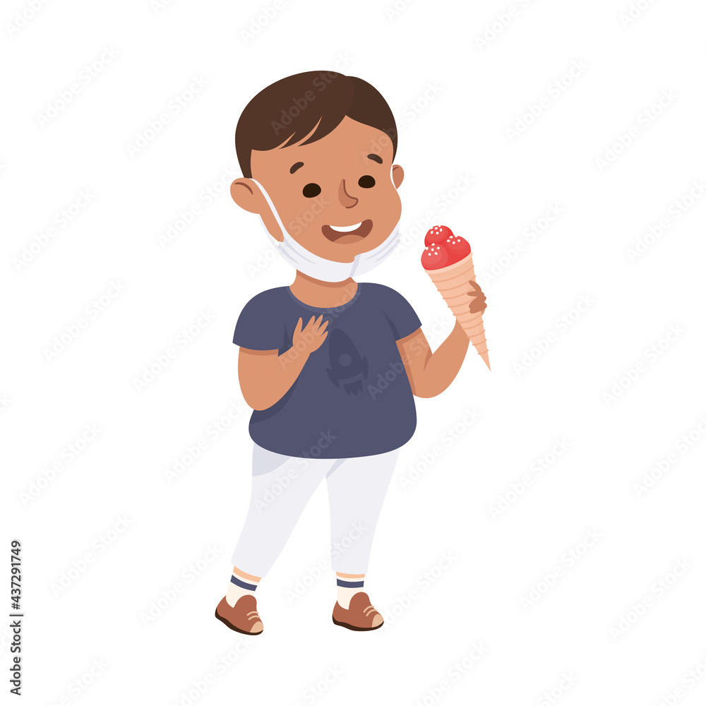 New Normal Lifestyle with Happy Boy Wearing Face Mask Eating Ice Cream Vector Illustration New Normal Lifestyle with Happy Boy Wearing Face Mask Eating Ice Cream Vector Illustration