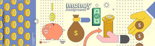 Money.  Cash is digital money,  business objects and icons with a stroke. Set of vector illustrations. Funny cartoon style.