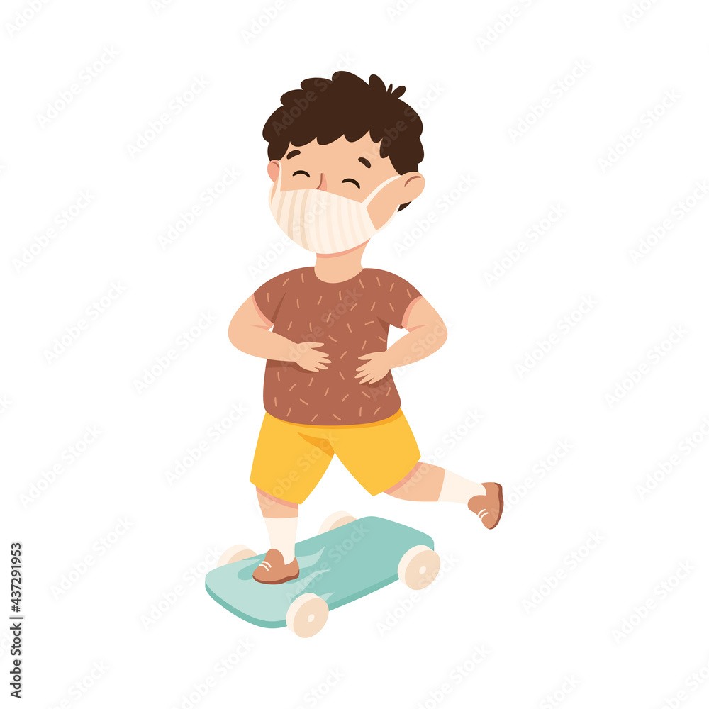 New Normal Lifestyle with Happy Boy Wearing Face Mask Skateboarding Vector Illustration
