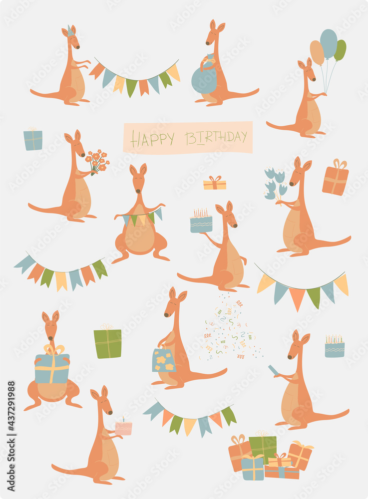 happy birthday set of hand drawn cartoon kangaroo
