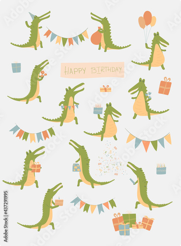 happy birthday set of hand drawn cartoon crocodiles 