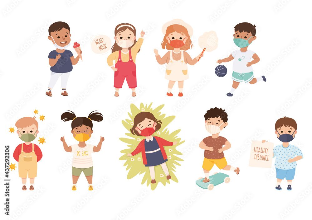 New Normal Lifestyle with Happy Kids Wearing Face Mask Engaged in Different Activities Vector Set