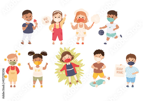 New Normal Lifestyle with Happy Kids Wearing Face Mask Engaged in Different Activities Vector Set