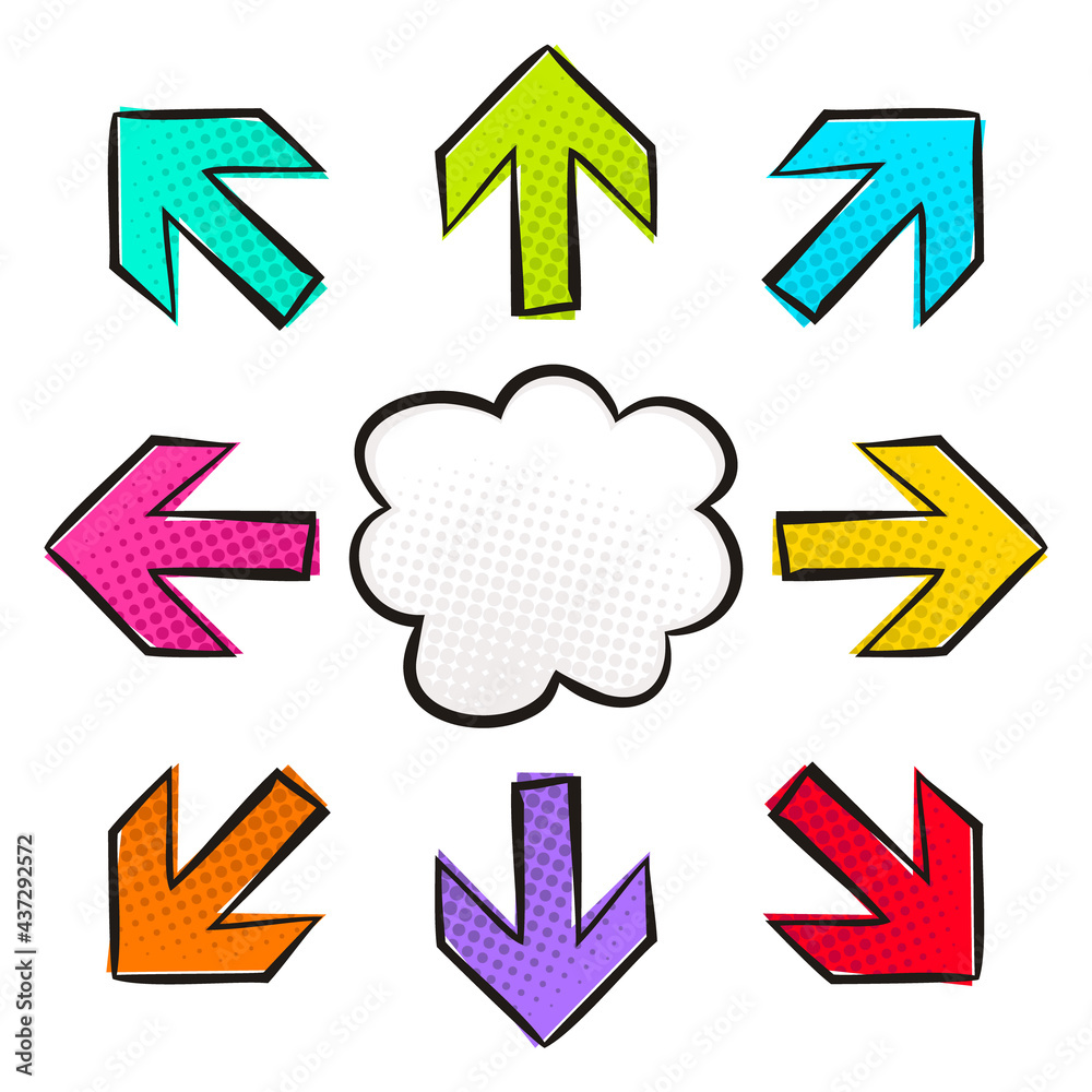 Set of bright arrows in pop art style isolated on white background. Comic icons for a poster or banner. Vector illustration.