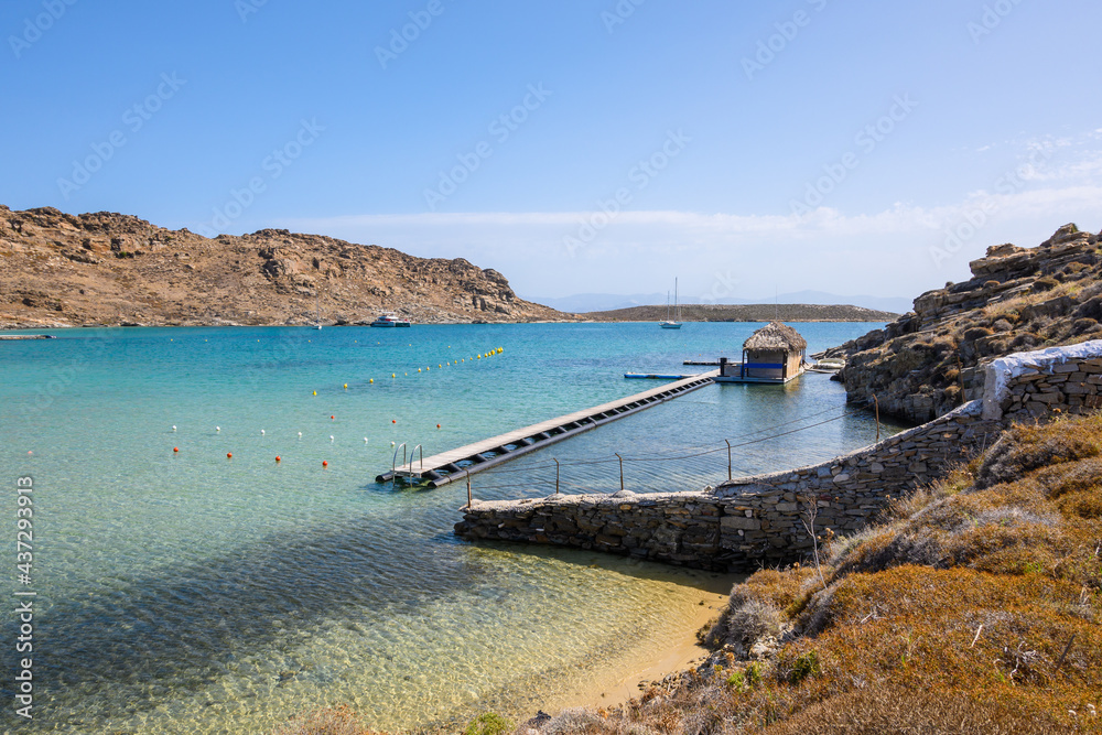 Monastiri Beach (the beach of the monastery of Agios Ioannis) located in a small rocky bay surrounded by rocky hills. Paros island, Cyclades, Greece
