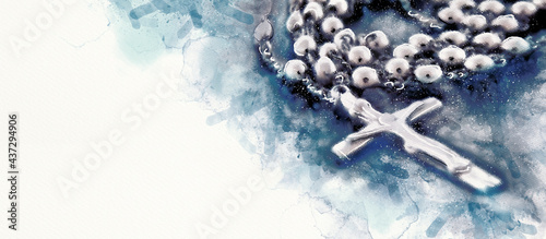 Photo Rosary. Christian banner. Watercolor..