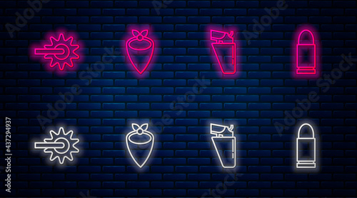 Set line Cowboy bandana, Revolver gun in holster, Spur and Bullet. Glowing neon icon on brick wall. Vector