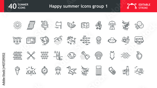 Funny summer icons, like straw hat, camera, motorhome, diving mask, ice cream, camping, etc. Collection of 40 stylized icons with editable stroke, ready to be used in any design project.