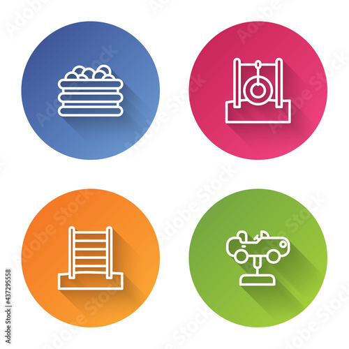 Set line Pool with balls, Car tire hanging on rope, Swedish wall and Swing car. Color circle button. Vector