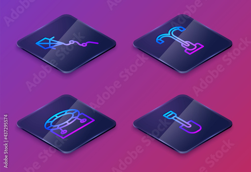 Set Isometric line Kite, Jumping trampoline, Street light and Shovel toy. Blue square button. Vector