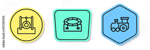 Set line Car tire hanging on rope, Jumping trampoline and Toy train. Colored shapes. Vector