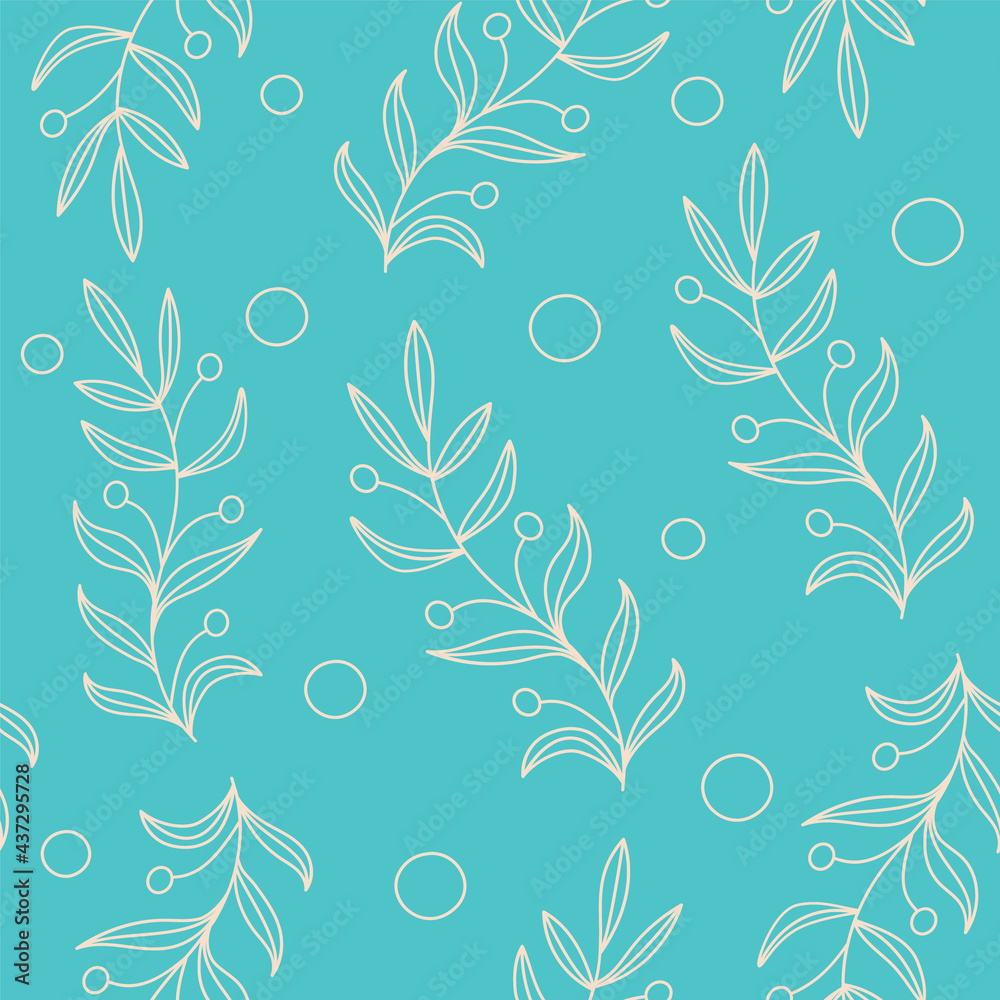 Vector seamless leaves pattern. Floral stylish background. Seaweed plants, underwater flora, water bubbles