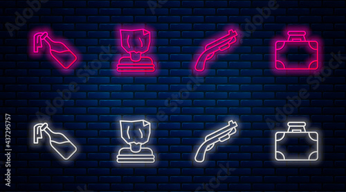 Set line Kidnaping, Police shotgun, Cocktail molotov and Briefcase and money. Glowing neon icon on brick wall. Vector