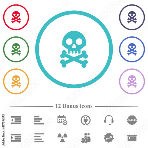 Skull with bones flat color icons in circle shape outlines