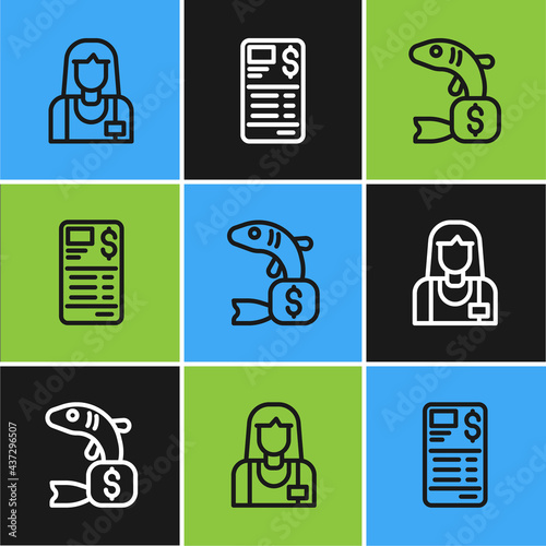 Set line Seller, Price tag for fish and Paper financial check icon. Vector