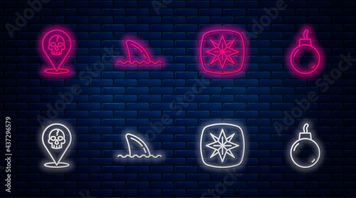 Set line Shark fin in ocean wave, Wind rose, Location pirate and Bomb ready to explode. Glowing neon icon on brick wall. Vector photo