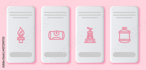 Set line Oil rig with fire, Gas tank for vehicle, and Propane gas. White rectangle button. Vector