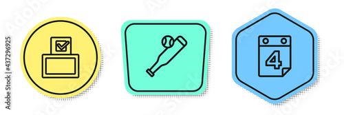 Set line Vote box, Baseball bat with ball and Calendar date July 4. Colored shapes. Vector