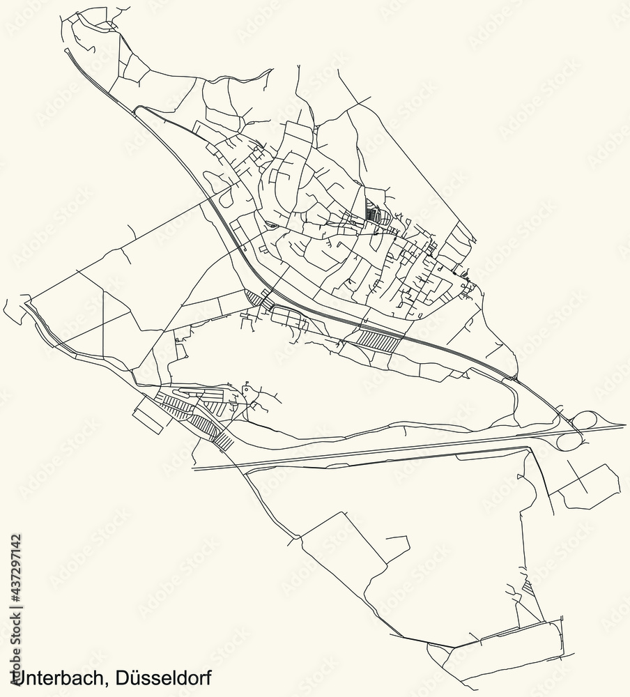 Black simple detailed street roads map on vintage beige background of the quarter Unterbach Stadtteil of Düsseldorf, Germany